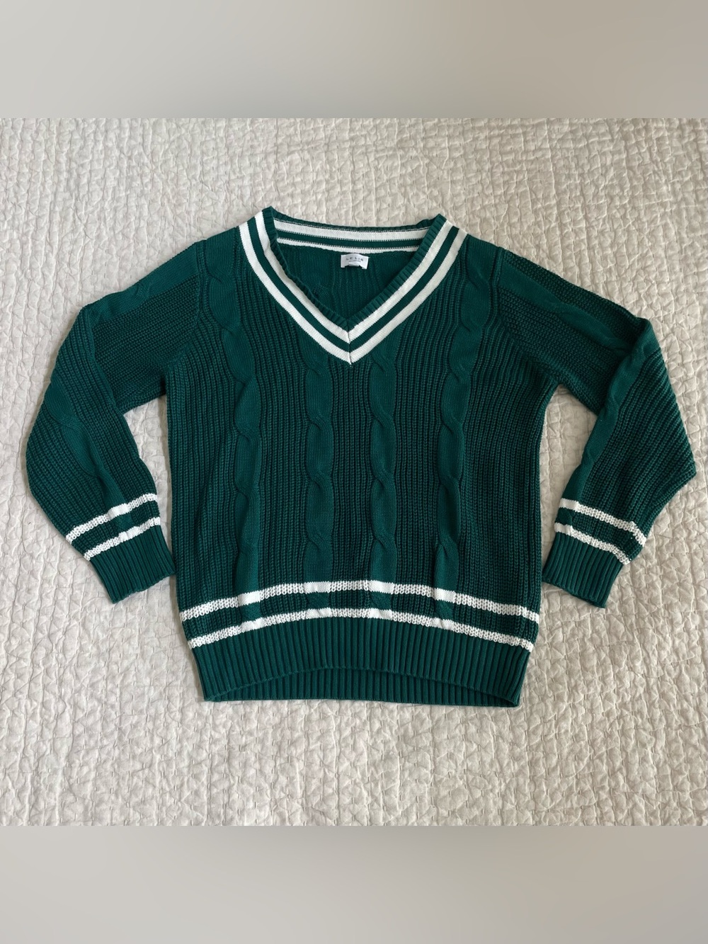 Le Lis Green V-Neck Cable Knit Sweater with White Stripes
